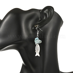 女性用シェル合金ペンダントドロップピアス  魚  天然ラリマーチップビーズ入り  ミックスカラー  55x10mm&nbsp;EJEW-JE07464