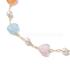 女性用キャットアイプラスチックパールビーズリンクブレスレット  ハート  真鍮パーツ  カラフル  7-3/8インチ（18.6cm）&nbsp;BJEW-JB12381