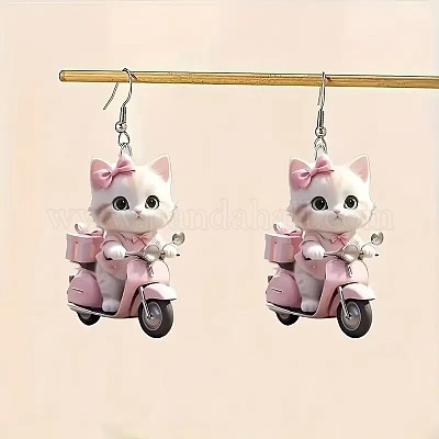 アクリルダングルピアス  猫の形  プラチナ  ピンク  55~57mm&nbsp;FS-WG257D2-01-1