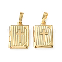 Brass Locket Pendants, Rectangle with Cross Pattern Charms, Real 18K Gold Plated, 17.5x11.5x3mm, Hole: 3.5mm