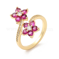 Cubic Zirconia Flower Open Cuff Rings, Cadmium Free & Lead Free, Real 16K Gold Plated Brass Jewelry for Women, Deep Pink, US Size 6(16.5mm)