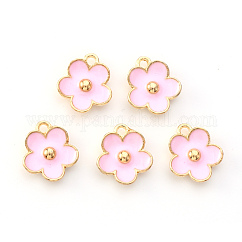 Light Gold Plated Alloy Enamel Pendants, Flower, Pearl Pink, 13x11.5x3mm, Hole: 1.6mm