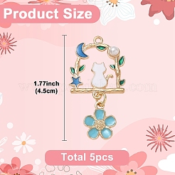 合金エナメル＆アクリルパールペンダント  猫の形と花のチャーム  ゴールドカラー  ダークターコイズ  45mm  約5個/セット&nbsp;PALLOY-YW00228-01
