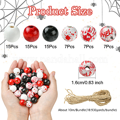 ハロウィンテーマのプリント天然木製ビーズ  ジュートコード付き  ミックスカラー  15.5~16x14.5~15mm  穴：3~7mm  66個/セット&nbsp;WOOD-YW0001-22
