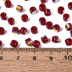 Fgb 不透明色ガラスシードビーズ  虹メッキ  丸い穴  バレル  暗赤色  4x3.5mm  穴：0.9~1mm  約3750個/ポンド&nbsp;SEED-Q040-07A-A04