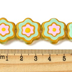 ガラスビーズ  手描きのビーズ  エナメル  花  アクアマリン  19x6mm  穴：1.2mm&nbsp;GLAA-A040-01B