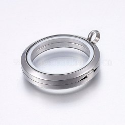 304ステンレススチール製磁気フローティングロケットペンダント  ガラスと  フラットラウンド  透明  ステンレス鋼色  37x30x6.5mm  穴：4.5mm  内径：23mm&nbsp;STAS-O103-35P