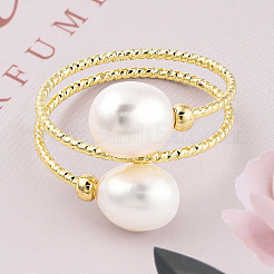 Natural Pearl Beaded Wrapped Cuff Ring&nbsp;RJEW-T026-04G