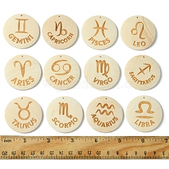 12スタイルの木製ペンダント12個  フラットラウンド  星座  40x39x6mm  穴：1.6mm  1個/スタイル&nbsp;WOOD-FS0001-25