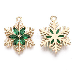 クリスマス真鍮ガラスペンダント  長持ちメッキ  スノーフレーク  ライトゴールド  シーグリーン  21x16x3mm  穴：1.6mm&nbsp;X-KK-R111-009-A01