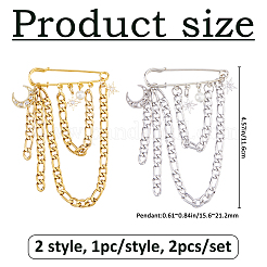 2Pcs 2 Styles Moon & Star Pendants Alloy Rhinestone Brooches&nbsp;JEWB-FH00035