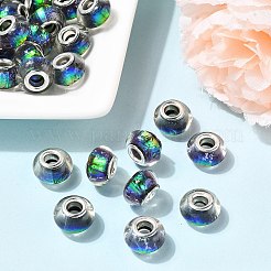 ドローベンチ樹脂ヨーロッパ大穴ビーズ  ダブルシルバーカラーメッキ真鍮コア付き  濃い緑  13.5x9mm  穴：4.5mm&nbsp;DACR-S011-02