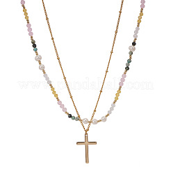 Colorful Natural Mixed Stone and Imitaiton Pearl Beaded Double Layered Necklaces with Stainless Steel Religion Cross Pendant&nbsp;MK2269