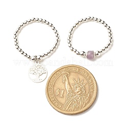 2Pcs 2 Style Natural Lavender Amethyst & Synthetic Hematite Beaded Rings with Brass Tree of Life Charms&nbsp;RJEW-JR00474-04