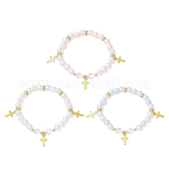 3個 3色 ABSプラスチック模造真珠ビーズストレッチブレスレット  女性用合金クロスチャームブレスレット  ミックスカラー  内径：2-1/8インチ（5.3cm）&nbsp;BJEW-JB11778
