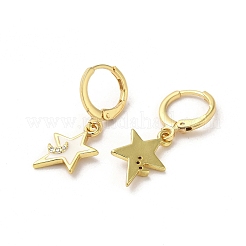 スター & ムーン リアル 18K ゴールド メッキ真鍮ダングル レバーバック イヤリング  エナメル質とキュービックジルコニア付き  ホワイト  25.5x11mm&nbsp;EJEW-L268-032G-03