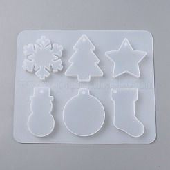 クリスマスシリコンペンダント型  レジン型  UVレジンDIY用  エポキシ樹脂ジュエリー作り  スター  chrismtasツリー  スノーフレーク  靴下  雪だるま  鐘  ホワイト  245x202x15mm  穴：5mm&nbsp;DIY-Z005-11