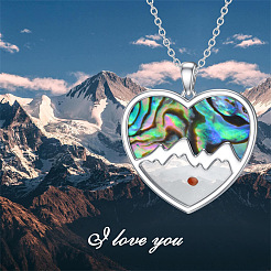 304 Stainless Steel & Natural Paua Shell Heart Mustard Seed Faith Mountain Pendant Necklaces for Women&nbsp;WGD75B3-01