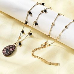 Natural Rhodonite Teardrop Pendant 304 Stainless Steel Satellite Chain Necklaces with Glass Beads&nbsp;NJEW-K255-57G
