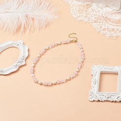Natural Rose Quartz Chips & Pearl Beaded Necklace&nbsp;NJEW-JN04008-01
