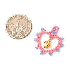 ガラスシードビーズハートペンダント  金合金のハートチャーム付き  ピンク  31x29x4mm  穴：1.5x2mm&nbsp;PALLOY-MZ00588-05