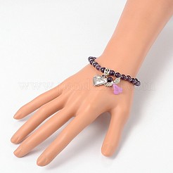 母娘のアクセサリー  アメジストビーズアクリルチャームブレスレット  チベットスタイルの合金ビーズとハートペンダント付き  素敵なウェディングドレスエンジェルダングル  アンティークシルバー  48ミリ＆58mm&nbsp;X-BJEW-JB01794-05