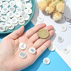 天然淡水シェルのペンダント  混在模様とフラットラウンド  ホワイト  16x4mm  穴：1.2mm  12模様  5個/模様  60個/箱&nbsp;SHEL-CJ0001-05