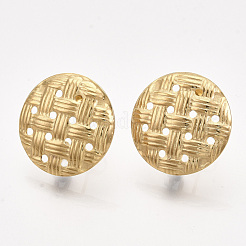 304ステンレススチールスタッドピアス金具  ループとイヤーナット/ピアスバックキャッチ付き  模造ラタン編み風  フラットラウンド  ゴールドカラー  20mm  穴：4mm  ピン：0.7mm&nbsp;X-STAS-S079-49A