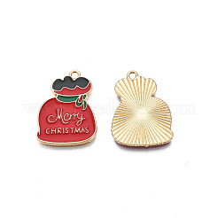 ラックメッキ合金エナメルチャーム  カドミウムフリー＆ニッケルフリー＆鉛フリー  ライトゴールド  メリークリスマスという言葉が入ったバッグ  暗赤色  21x16x1.5mm  穴：1.2mm&nbsp;X-ENAM-N055-162