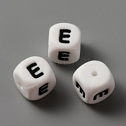 食品グレードの環境に優しいシリコーンビーズ  黒い文字の白い立方体  文字.e  12x12x12mm  穴：2mm&nbsp;SIL-WH0001-41E