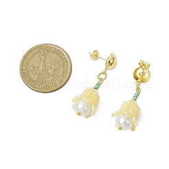 手作りのガラスシードビーズフラワースタッドピアス  プラスチックパール付き  ゴールドカラー  ミックスカラー  39x14mm&nbsp;EJEW-MZ00277