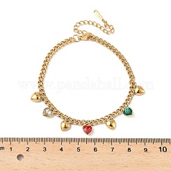304ステンレススチールラインストーンハートチャームブレスレット  女性用カーブチェーンブレスレット  ゴールドカラー  カラフル  7-1/4インチ（18.3cm）&nbsp;BJEW-V011-01G-01