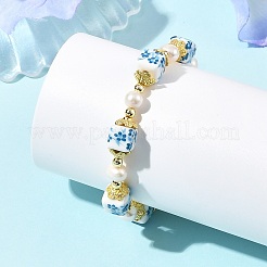 Flower Printed Handmade Porcelain Cube & Natural Pearl Beaded Necklaces&nbsp;BJEW-JB14176