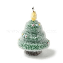 クリスマスフロッキー不透明樹脂ペンダント  プラチナ鉄ループ付き  クリスマスツリー  40x25x26mm  穴：1.8mm&nbsp;LS-FIND-A058-01B