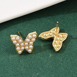 真鍮、ABS樹脂、パール、バタフライスタッドピアス  長持ちメッキ  ラックめっき  18KGP本金メッキ  13x14.5mm&nbsp;EJEW-L275-10G