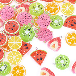 42個 7スタイル フルーツテーマ スプレー塗装 不透明樹脂ペンダント  模造食品  混合図形  プラチナトーンの鉄ループ付き  ミックスカラー  27.5~33x22~28x5~5.5mm  穴：2mm  6個/スタイル&nbsp;RESI-TA0005-52