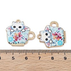 プリント合金ペンダント  猫の入ったティーカップ  ライトゴールド  ライトスカイブルー  22.5x23x2.5mm  穴：2mm&nbsp;LS-ENAM-Z018-01KCG-03