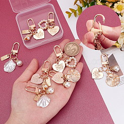 8スタイル合金ベーキングペイントキーホルダー4個  模造パールと  ハート＆レクタングル＆シェル  ゴールドカラー  5~6.3cm  2個/スタイル&nbsp;KEYC-PH0001-51