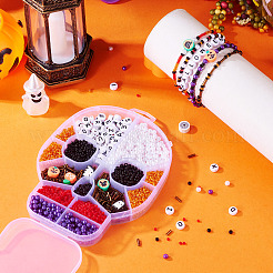 DIY 15 スタイル ハロウィーン ガラス & 樹脂 & ポリマー クレイ ビーズ ジュエリー メイキング ファインディング キット  チューブ＆ライス＆丸＆フラットラウンド＆カボチャ＆ドクロ＆ゴースト  ミックスカラー  6.5x7.5x2x1.5mm  穴：0.7mm&nbsp;DIY-TAC0027-04