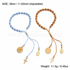 2Pcs 2 Colors Adjustable Polyester Braided Bracelets with 304 Stainless Steel and Brass Cross and Saint Benedict Medal Tassel Charms&nbsp;IW4580