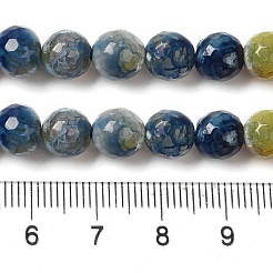染色・加熱された天然ファイヤーアゲートビーズ連売り  多面カット  ラウンド  スチールブルー  8mm  穴：1.2mm  約48個/連  36cm&nbsp;G-P539-B01-02