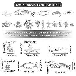 120個15スタイルチベットスタイル亜鉛合金ペンダント  カドミウムフリー＆鉛フリー  混合形状  アンティークシルバー  10.5~53x7.5~24.8x1.5~4mm  穴：1.2~2mm  8個/スタイル&nbsp;TIBEP-PH0001-40