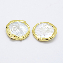 天然な培養された淡水パールビーズ  エッジゴールドメッキ  フラットラウンド  ホワイト  20~23x4~5mm  穴：0.5mm&nbsp;PEAR-F006-57G