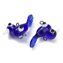 手作りのランプワーク コネクタ チャーム  鳥のリンク  アイアンアイピン付き  ガンメタ色  ブルー  31.5x13.5x21mm  穴：2mm&nbsp;LA-CBA1426-03B-02