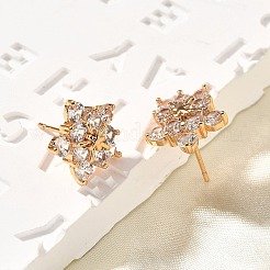 真鍮製マイクロパヴェキュービックジルコニアスタッドピアス  カドミウムフリー＆鉛フリー  長持ちメッキ  ゴールドカラー  スノーフレーク  12x13mm&nbsp;EJEW-R018-10G-01