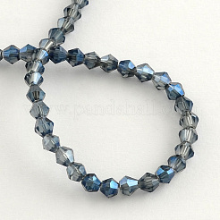 電気メッキガラスビーズ連売り  虹メッキ  多面カット双円錐形  マリンブルー  4x4.5mm  穴：1mm  約75~78個/連  28~29cm&nbsp;LS-EGLA-R094-4mm-13