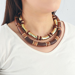 2Pcs 2 Colors Bohemian Wood & Resin & CCB Plastic Curved Tube Beaded Necklaces with Alloy End Chains for Women&nbsp;FS-WGAA445-01