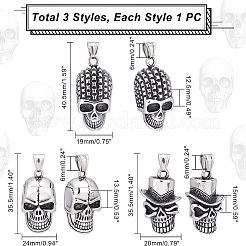 3個3スタイル304ステンレススチールペンダント  スカル  アンティークシルバー  35.5~40.5x19~24x12.5~15mm  穴：6mm  1個/スタイル&nbsp;STAS-UN0037-56