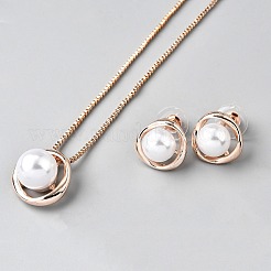 Alloy & Round Imitation Pearl Pendant Necklaces & Stud Earrings Sets&nbsp;SJEW-WH0020-04RG