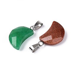 天然石&合成ミックスストーンペンダント  ファセット加工された月のチャーム  ステンレススチール製のベールスナップ付き  ステンレス鋼色  18.5~19.5x10~11.5x5.5~6mm  穴：6x2.5mm&nbsp;G-N349-02-P